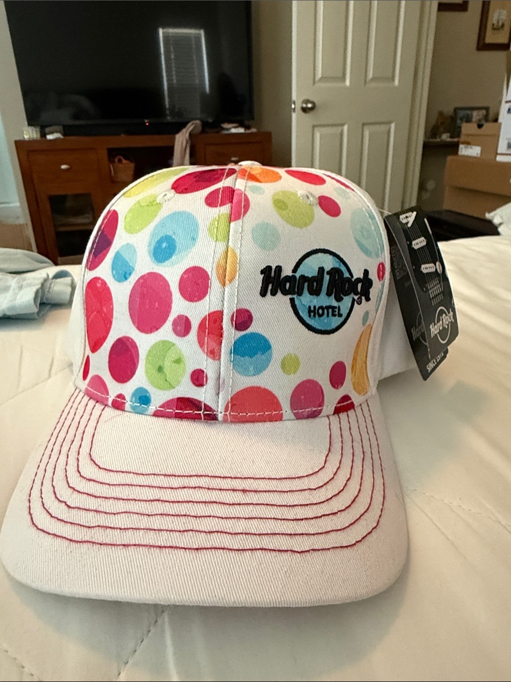 Official Hard Rock London Cafe White Cap with Pink, Blue & Green Polka Dots